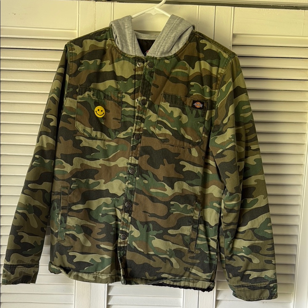 Dickies Green Camo Jacket with Gray Hood and Smiley Pin
